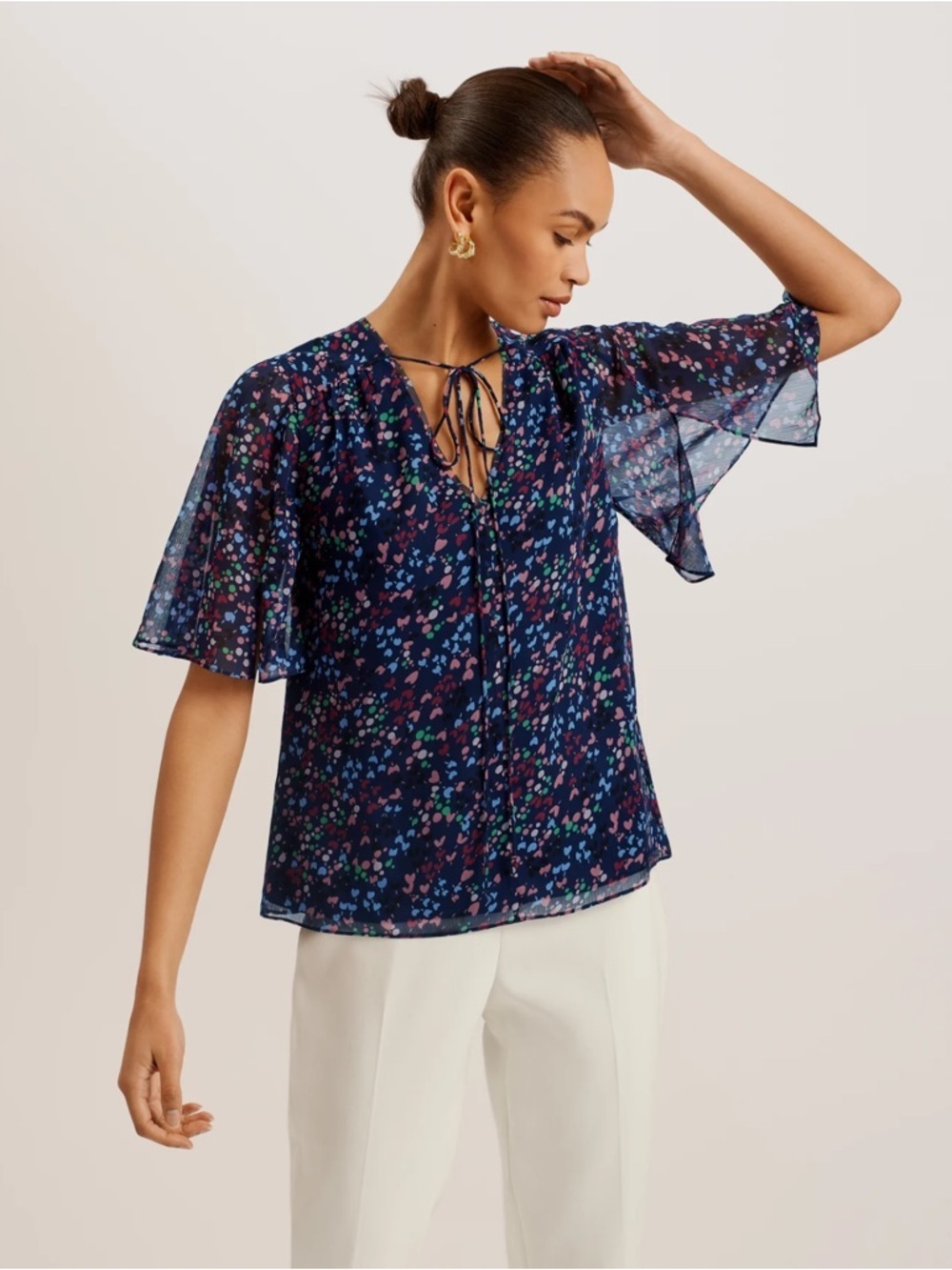 Ted Baker London Neliann Split Sleeve Top With Neck Tie Navy NWT